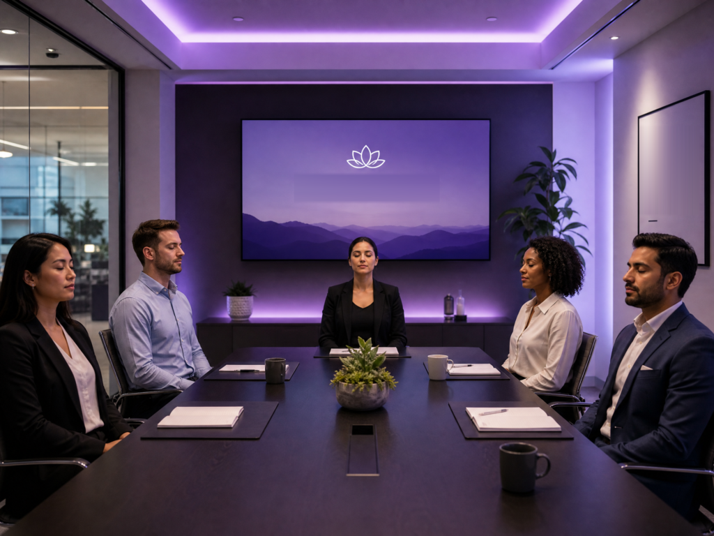 Equipo de trabajo en sesion de meditacion empresarial
